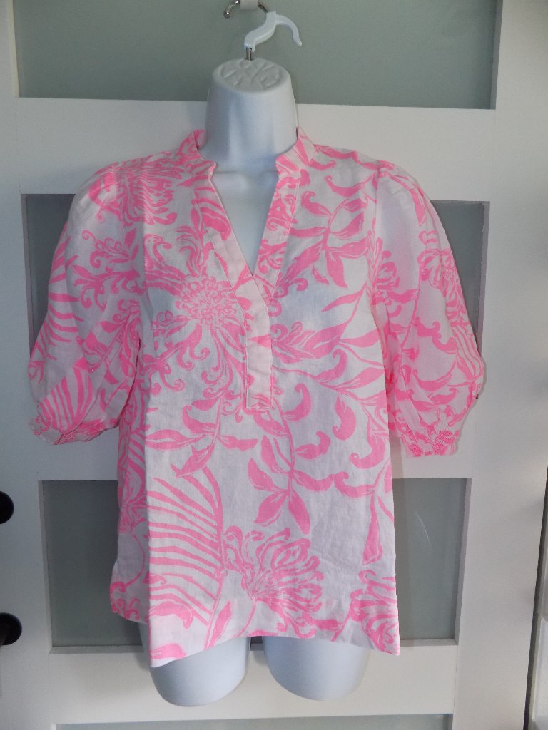 Lilly Pulitzer Mialeigh Elbow Sleeve Rousseau Pink Linen Print Top Size 00 New